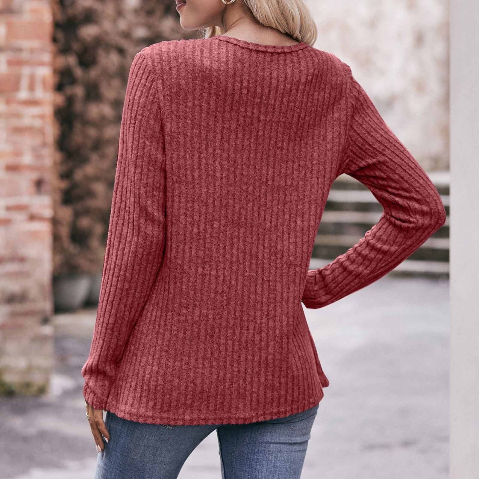 Long Sleeve Shirts for Women Knit round Neck Button Dressy Solid Color Sweater Blouse Autumn Lightweight Casual Tunic Tops Red M