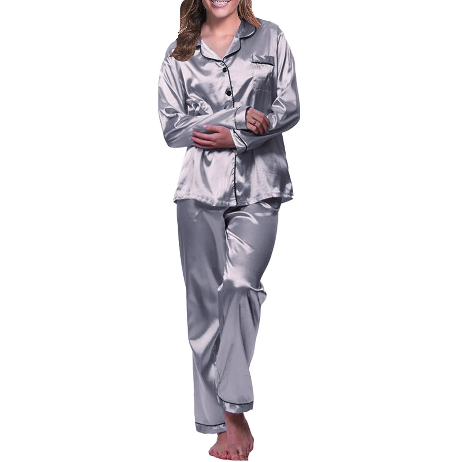Womens Pajama Sets,Silk Pajamas,Pajamas for Women Set Long Sleeve Button up Sleepwear Soft Lightweight Comfy Long Pants Loungewear,Pajama Sets for Women 2 Piece,Satin Pajama Set Grey L