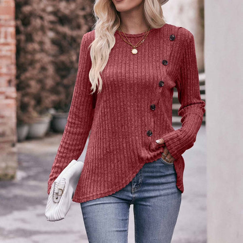 Long Sleeve Shirts for Women Knit round Neck Button Dressy Solid Color Sweater Blouse Autumn Lightweight Casual Tunic Tops Red M
