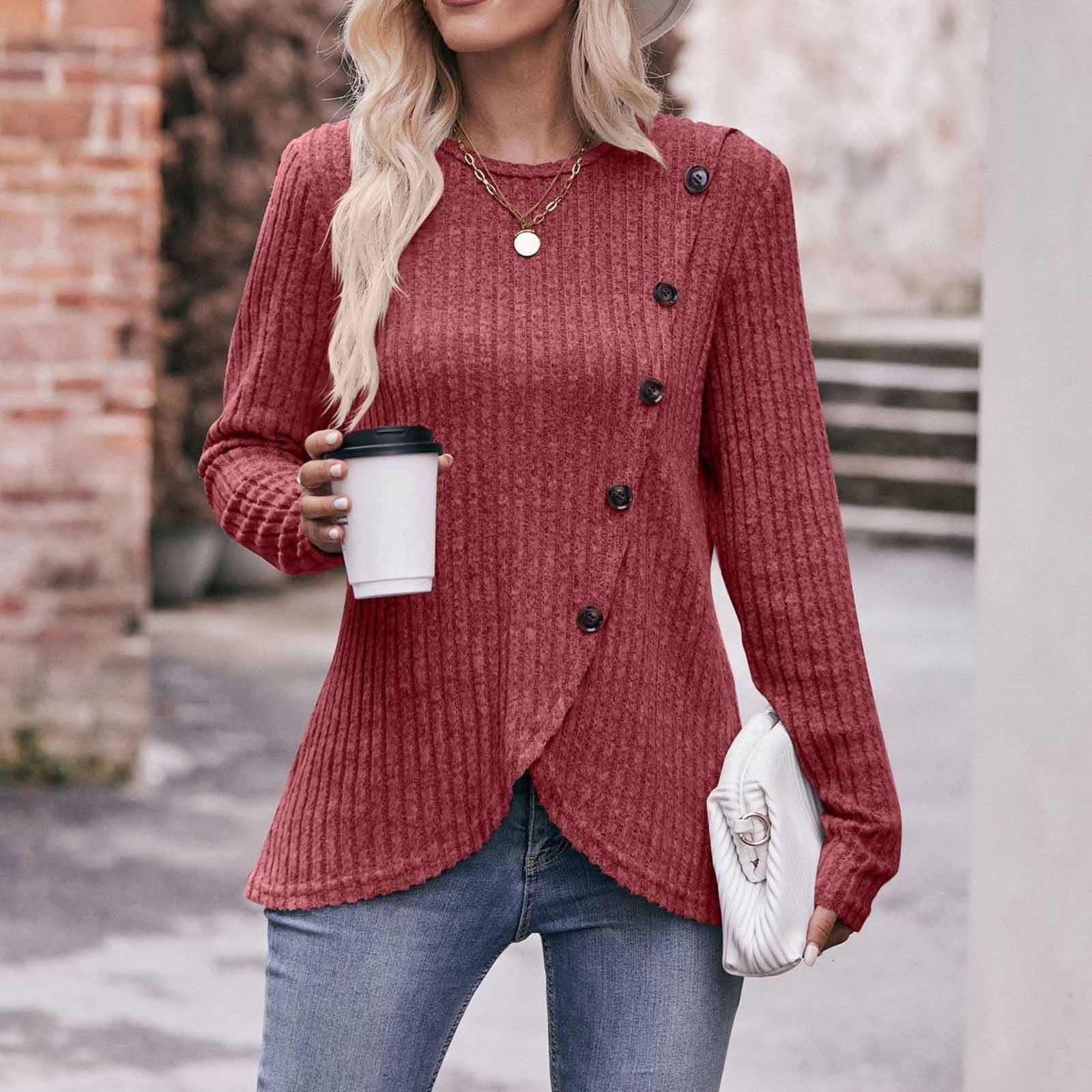 Long Sleeve Shirts for Women Knit round Neck Button Dressy Solid Color Sweater Blouse Autumn Lightweight Casual Tunic Tops Red M