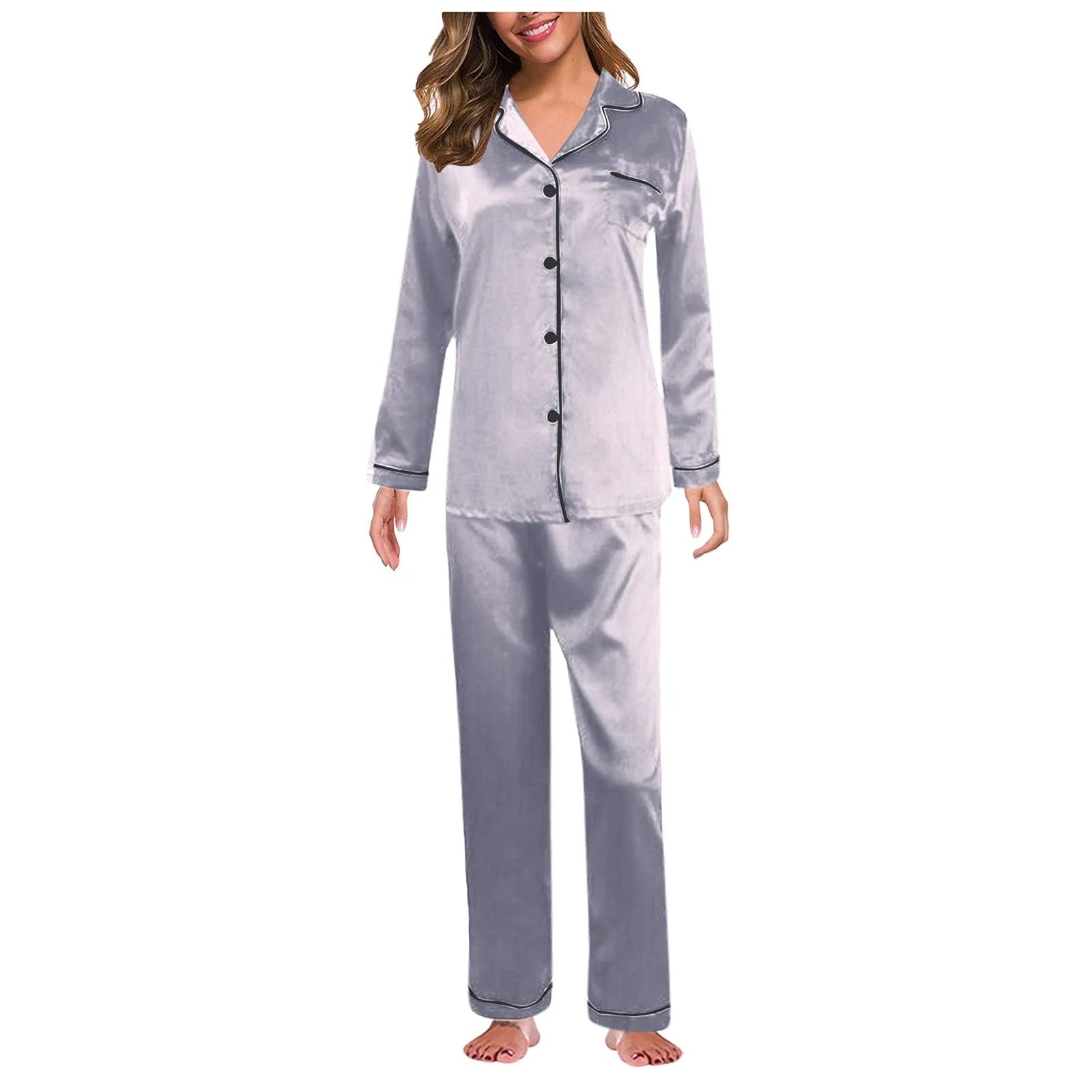 Womens Pajama Sets,Silk Pajamas,Pajamas for Women Set Long Sleeve Button up Sleepwear Soft Lightweight Comfy Long Pants Loungewear,Pajama Sets for Women 2 Piece,Satin Pajama Set Grey L