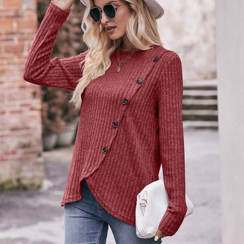 Long Sleeve Shirts for Women Knit round Neck Button Dressy Solid Color Sweater Blouse Autumn Lightweight Casual Tunic Tops Red M