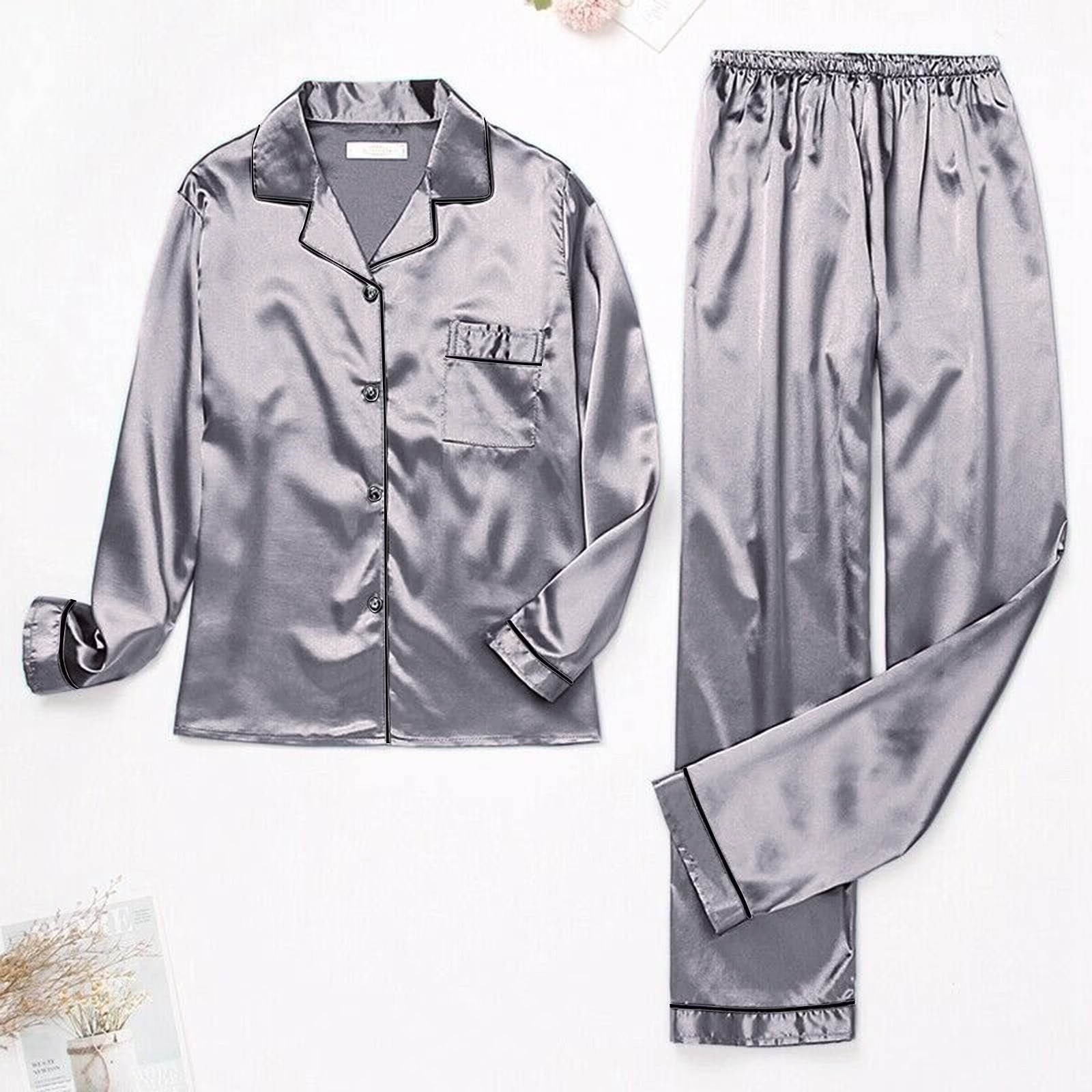 Womens Pajama Sets,Silk Pajamas,Pajamas for Women Set Long Sleeve Button up Sleepwear Soft Lightweight Comfy Long Pants Loungewear,Pajama Sets for Women 2 Piece,Satin Pajama Set Grey L
