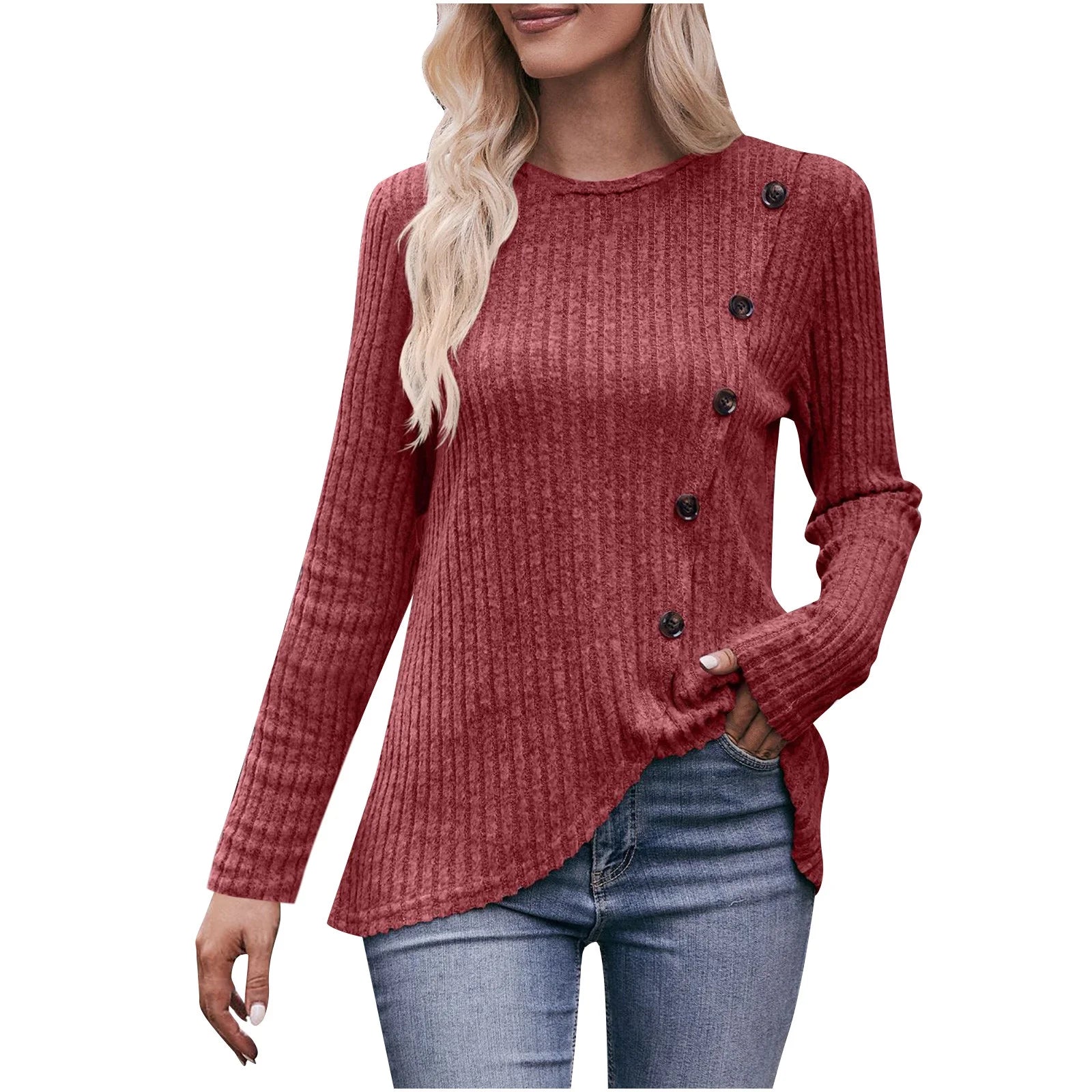 Long Sleeve Shirts for Women Knit round Neck Button Dressy Solid Color Sweater Blouse Autumn Lightweight Casual Tunic Tops Red M