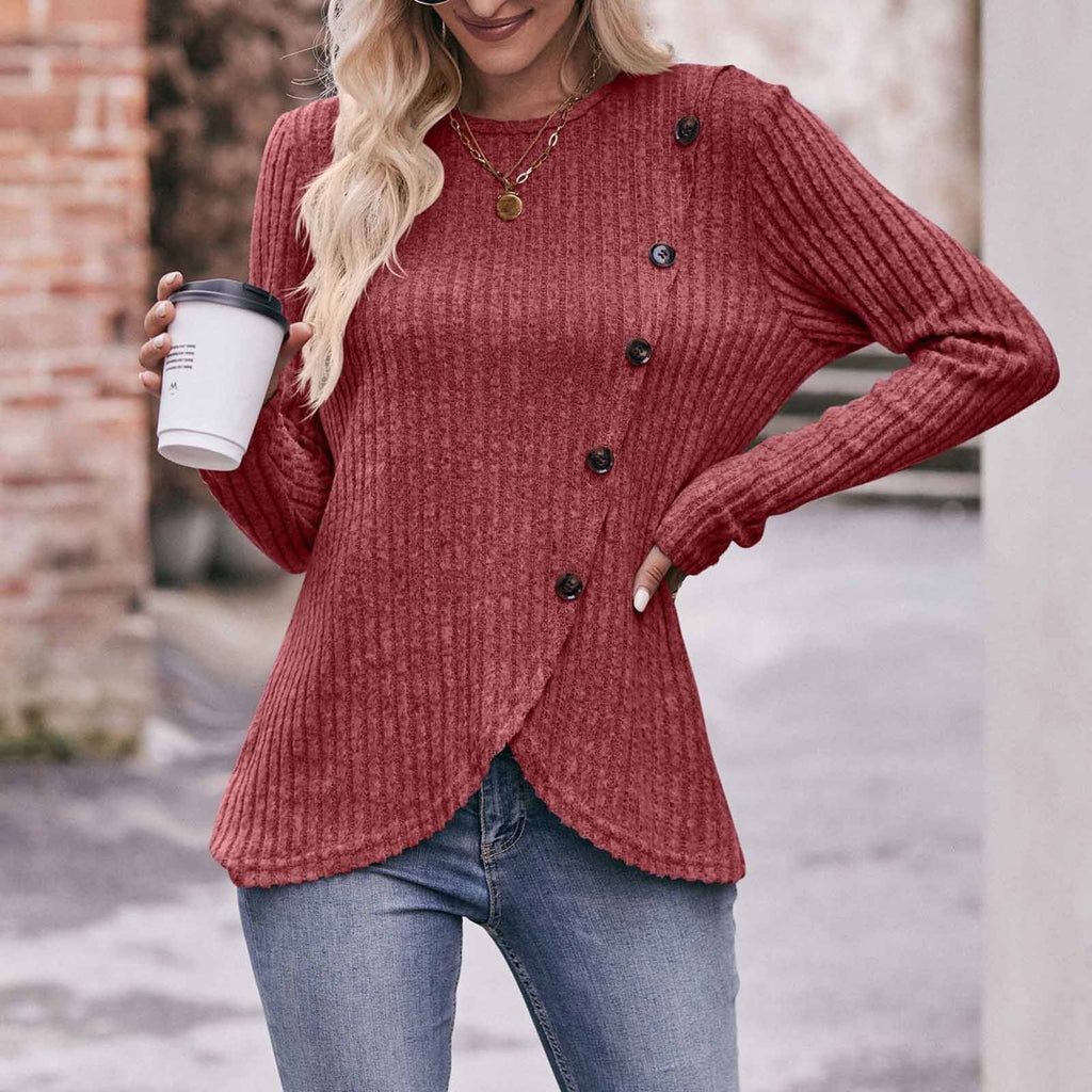 Long Sleeve Shirts for Women Knit round Neck Button Dressy Solid Color Sweater Blouse Autumn Lightweight Casual Tunic Tops Red M